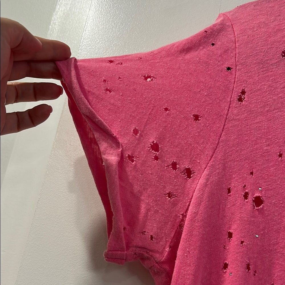 Michael Lauren Hot Pink Distressed Short Sleeve Tee - Picture 3 of 11